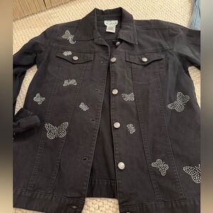 Quacker Factory Rhinestone Butterfly Jean Jacket Sz XS